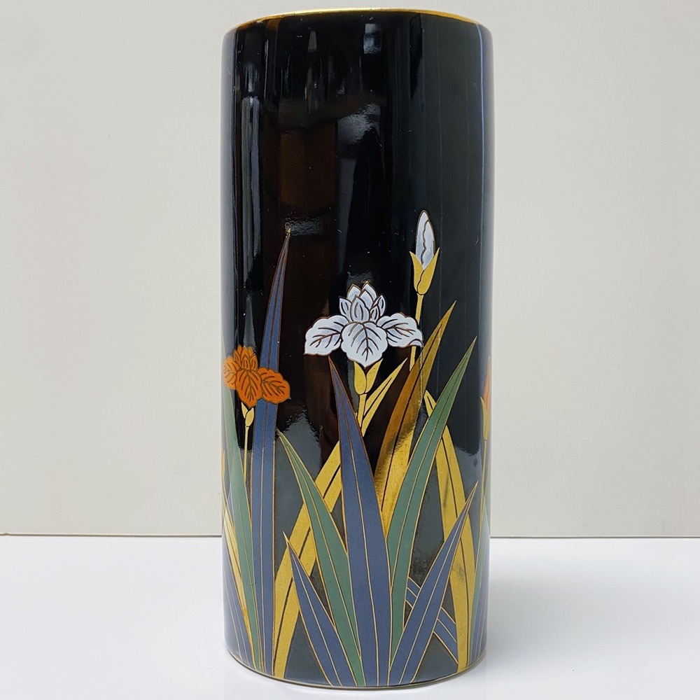 Vintage Otagiri Japan Black Hand Painted Porcelain Floral Vase